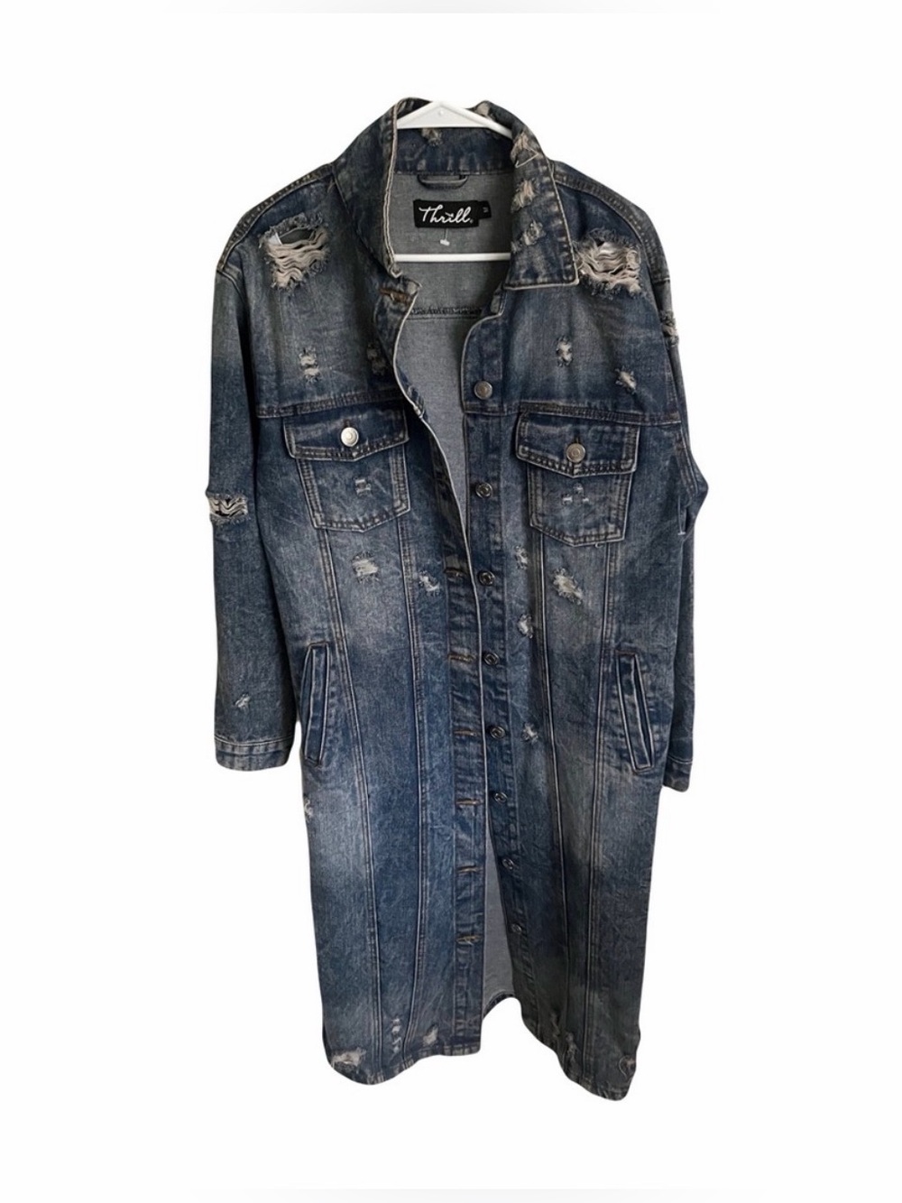 Thrill Denim Duster, Factory Destructed Jean Jacket/Coat. Size Medium.